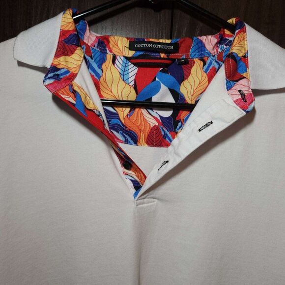 Cotton Stretch white polo Contrasting collar in colorful print Men's small - Picture 3 of 12